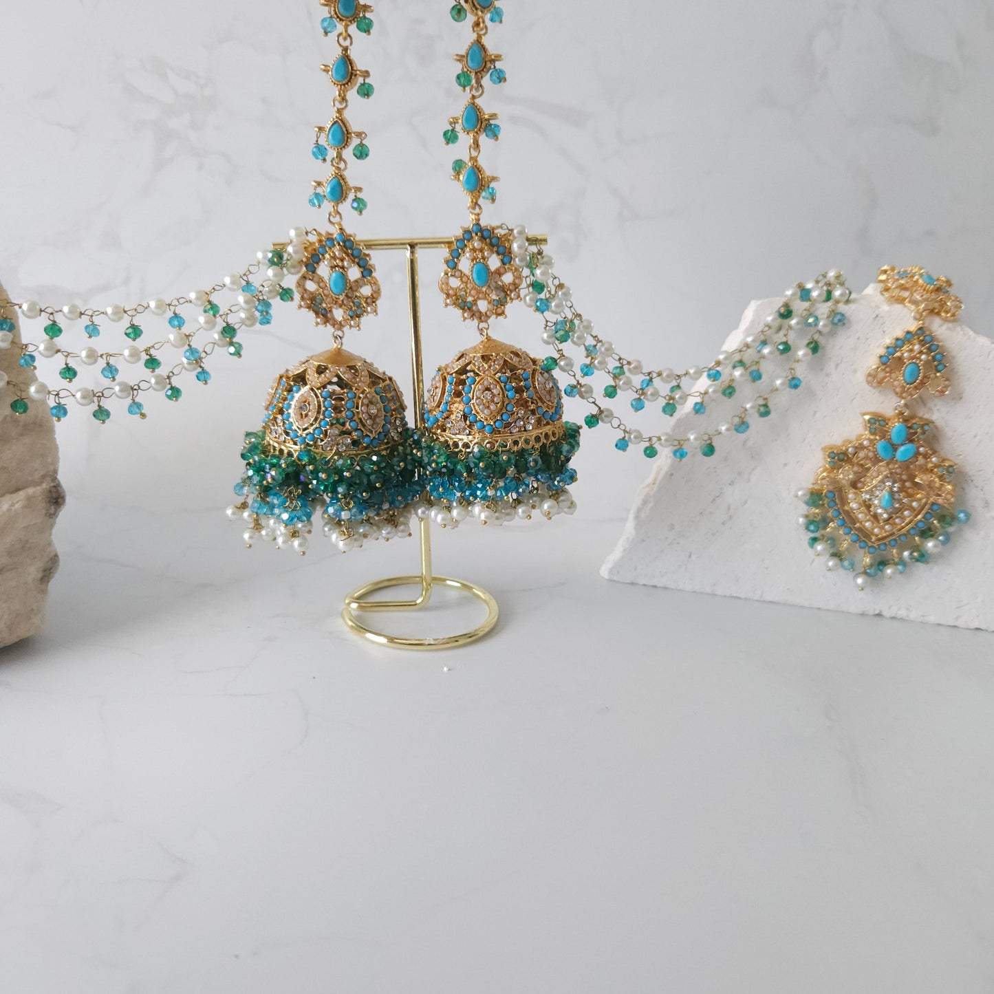 Roohi jhumke tikka set - Firoza