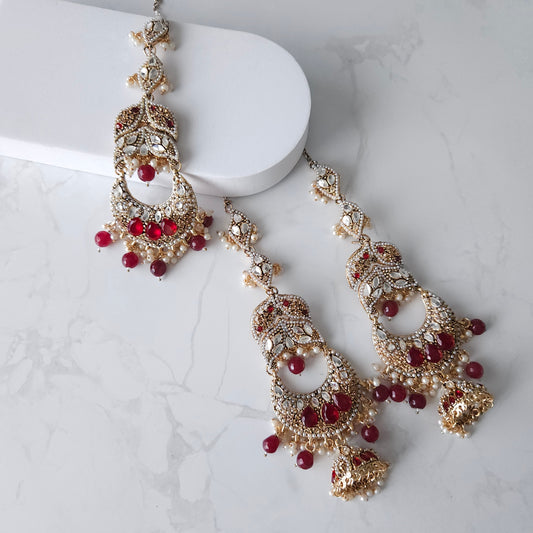Kalani earring tikka set - Maroon/Gold