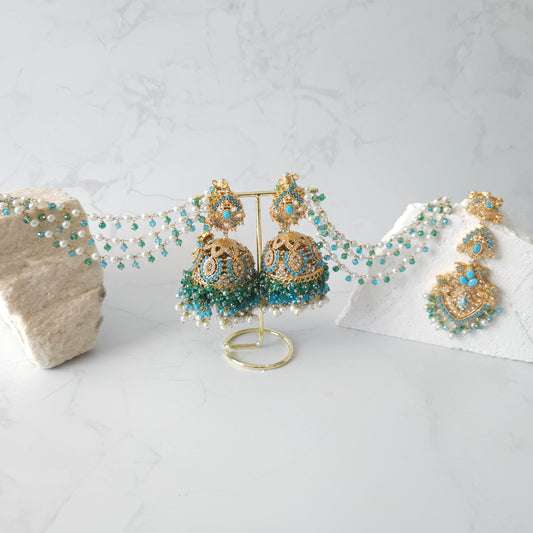 Roohi jhumke tikka set - Firoza
