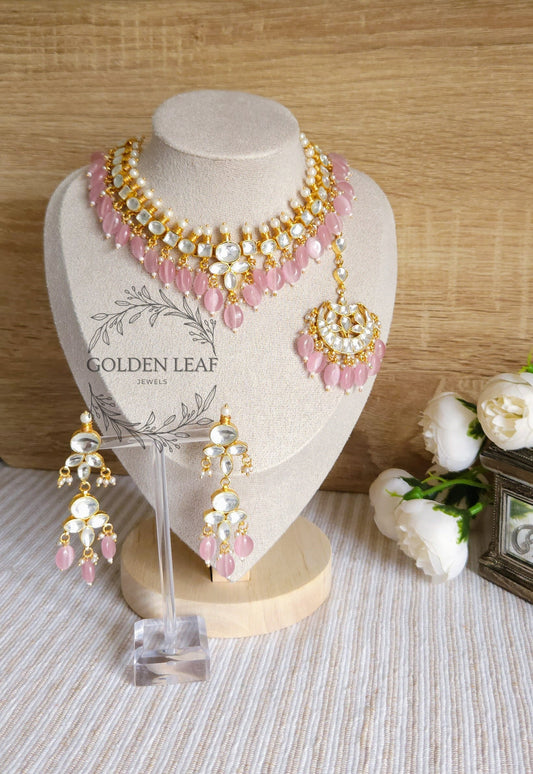 Zainab necklace set with tikka - Pink