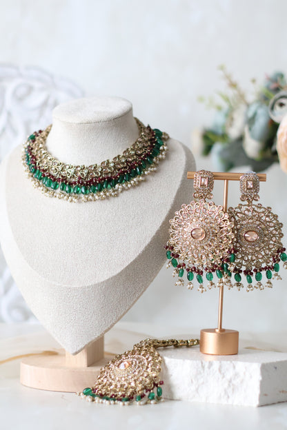 Heer necklace set  - Maroon/ Green