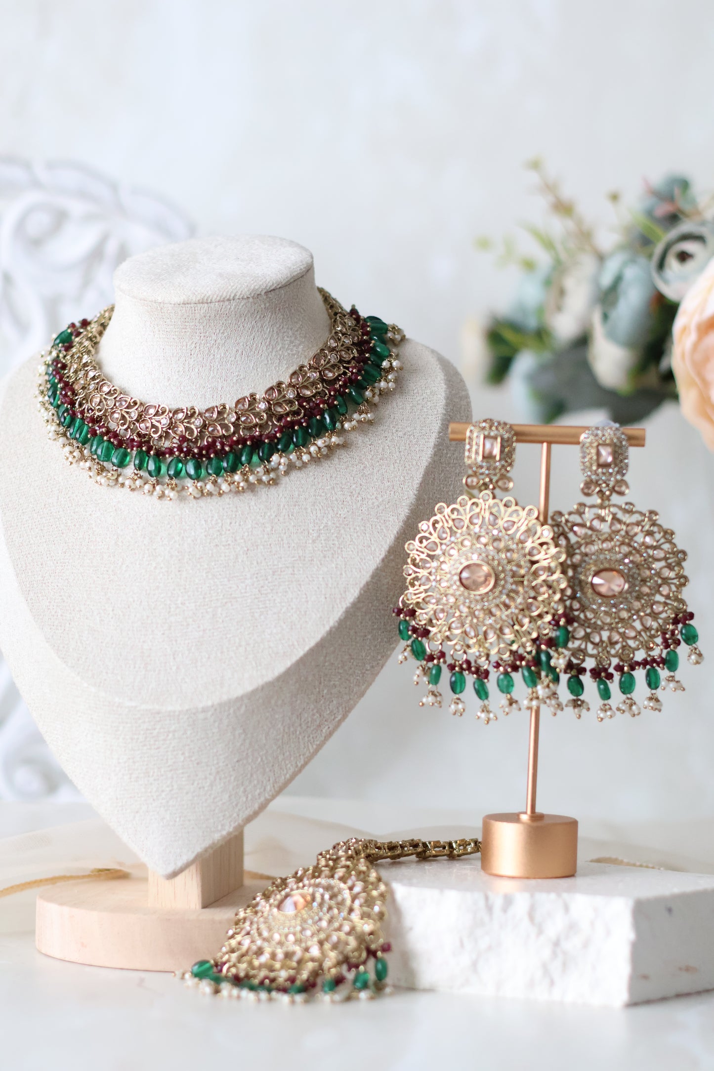 Heer necklace set  - Maroon/ Green