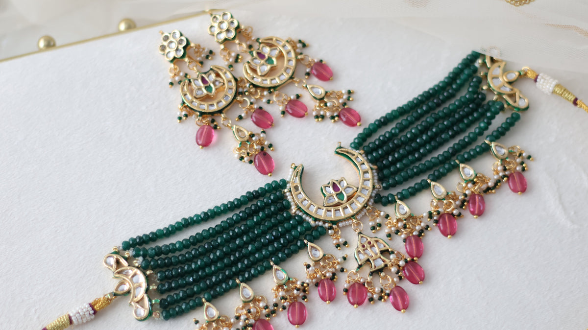 Jasleen necklace set - Green/Pink